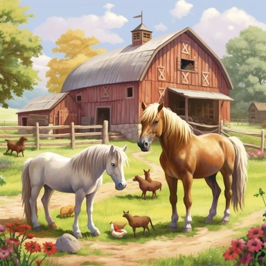 farm scene ponies, horses, clipart