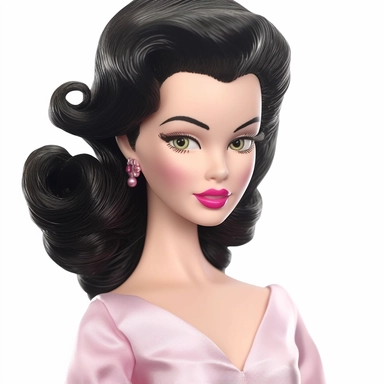 Beautiful pretty barbie doll 50's style, dark hair, paint art style, detail, clipart, white background, superrealistic, one of a kind