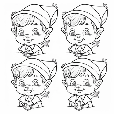 clip art coloring book page for toddler. four different images of an Elf. white background. simple line drawing. very low detail.