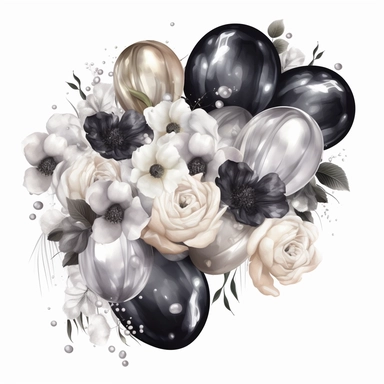 hand drawn balloon garland with shiny black white and silver balloons, white roses and white flowers with greenery, crystals, glamorous, very detailed and realistic, watercolor, clipart style, white background with margins