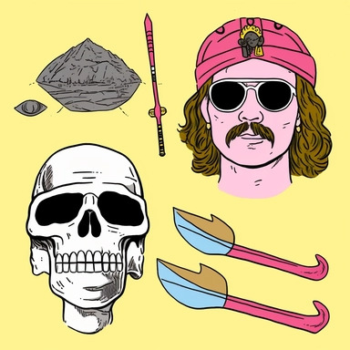 a set of clipart inspired by Wes Anderson and Raiders of the Lost Ark and colonialism and stolen cultural relics and 1980s action figures