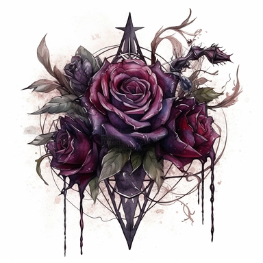 Idyllic watercolor and ink clipart of dark gothic dark moody dark moody burgundy, black and purple rose flowers with poison thorns on an ornate gothic black dagger covered in gothic spider webs, isolated on a white background, dark moody colors, highly detailed, ultra-realistic