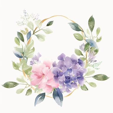 Create a charming wedding invitation in a watercolor floral clipart style. Incorporate the enchanting beauty of pink and purple hydrangeas, using watercolor brushstrokes to depict them as delicate and whimsical elements. Design the invitation with a focus on clipart-style illustrations, capturing the essence of hand-painted artwork. Integrate decorative floral elements throughout the design, evoking the romance and joy of a wedding celebration. Consider adding text overlays with elegant typograp