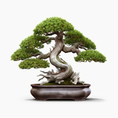 Create an extraordinary and hyper-realistic 8K, 3D clipart of a bonsai tree placed in a vase, against a clean white background. Craft the bonsai tree with intricate attention to detail, capturing the delicate branches, textured leaves, and the organic growth pattern unique to bonsai. Ensure that the vase showcases realistic materials, with a clear distinction between glass, ceramic, or any other chosen material. Employ advanced rendering techniques to achieve a heightened sense of realism, with 