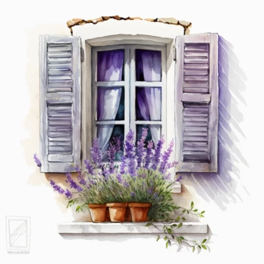 clipart watercolor, detailed, realistic, white background. Window with shutters with lavender flowers on the sill, ledge