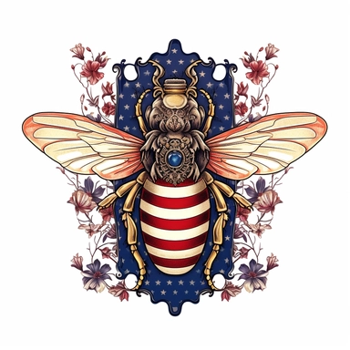 a patriotic realm with a 4th of July bee, its buzzing flight and stripes encapsulating the spirit of independence,hyper ralistic,in the style of art nouveau,clipart,white background
