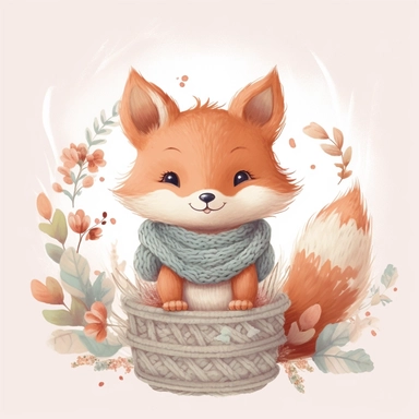 A soft and light background that sets the stage for an adorable scene. In the center of this charming composition is a cute smiling knitted female baby [fox]. The subject of the image is positioned in the center, drawing all the attention to the delightful [fox]. The overall mood of the image is cheerful and optimistic, as if you are looking at a children's book illustration that brings a smile to your face. The colors are bright and vibrant, with the knitted texture of the [fox] adding a cozy a
