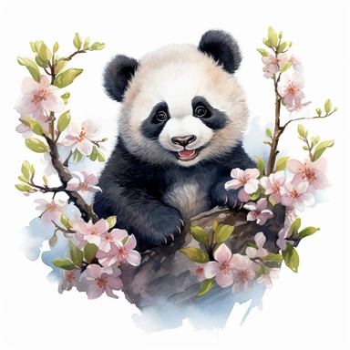 a cute happy laughing baby panda sitting proudly on a spring branch, teacher, with a few spring blossoms and leaves framing the scene, vivid colors, watercolor by thomas w. shaller, clipart, white background, no watermark, 8k, super resolution, megapixel