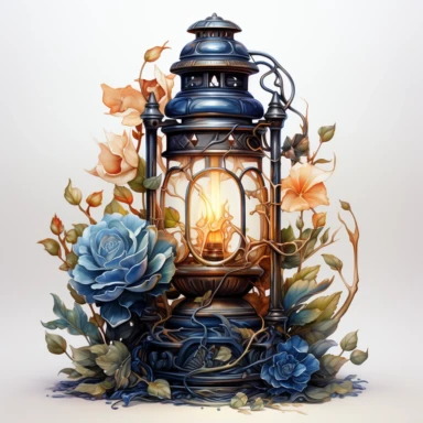 hyperrealistic ultra detailed watercolor clipart, floral fantasy lantern with a candle lit, white background, in the style of digital print, clipart, illustration, sticker, ultra high definition, rich details, 32K, HD