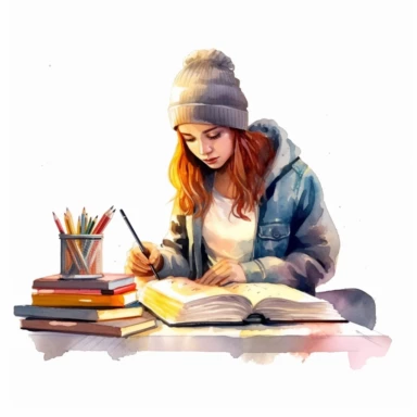 watercolor style, teenage girl learning at the perfectly organized desk, realistic, clipart, isolated on white background, 4K