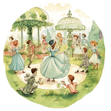 storybook, dancing in garden, tea party, debutante, summer time , clipart