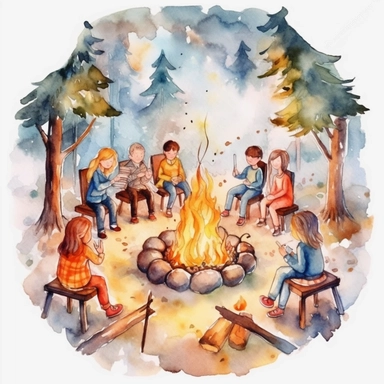 watercolor clipart campfire with people sitting around, and mashmallow, kettle