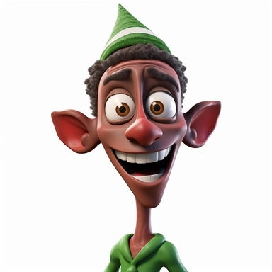 clipart of a crazy dark skinned christmas elf, there is a funny face on it, cartoon, for kids, funny, pixar, 8k, white background, sharp focus, detailed,