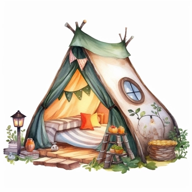 imagine adorable watercolor camping tent, handpaint, cartoon style, clipart, white background,