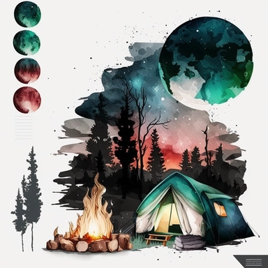 Camping by Night Watercolor Clipart, Hiking family, Camping Bundle PNG, Moon light, Fireplace, Tent, Campers, Forest, white background with margins + 2D