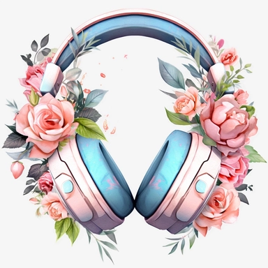 ! Watercolour rose gold and pastel detailed 3d gaming headset, surrounded by beautiful roses and Swarovski crystals and diamonds, svg clipart style, solid white background, clipart element, clipart style highly detailed beautiful