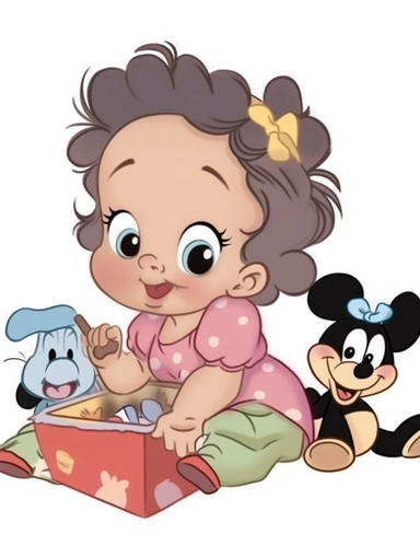 drawn as disney babies, in the art style of Disney babies clipart, sticker of [ cute baby girl wearing an apron and standing in the kitchen] disney pixar inspired painting , character design art by don bluth painting in the style of disney bold outlines and flat colors