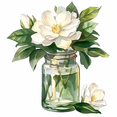 a bunch of gardenia in a glass jar no water mark, water colour clipart