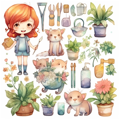 Collection of watercolour graphics elements including cute cartoon baby girl in jeans, with garden instruments, scissors, flowers in flower pots, garden gloves, puppy, white background, in the style of emily balivet, soft, blended colors, contrasting colors, kawaii manga, floral explosions ,white background clipart set single elements with margin