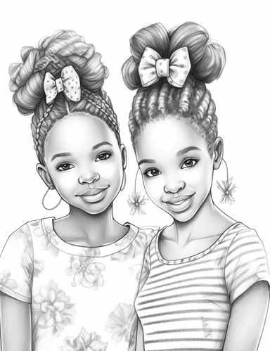 little black girls with fashionable hair accessories like headbands, bows, or clips, adding flair to their natural hairstyles for a coloring page with crisp lines and white background
