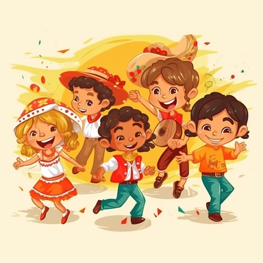 kids dancing mexican regional, cartoon style, brazilian junina party, clipart