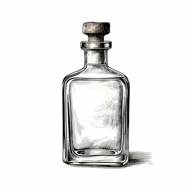liquor bottle, old school vintage illustration style, pen and ink, hand drawn, clipart, isolated on white background