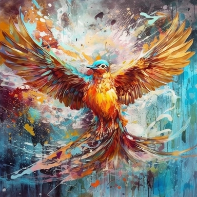 *creative fantasy / style boho , splattered BG painting , A IRREDECENT bird, representing freedom, the wild spirit of nature, EXTREME Abstract art, clipart , 300DPI