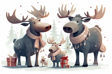 Cute Moose in christmas Day clipart, cartoon, white background,