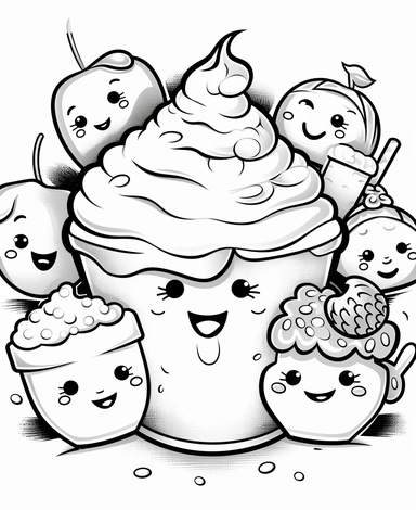 imaginary cute Smiling Slice of pie with, ice cream, apples, strawberries, tea, with a kawaii expression, Kawaii for a childrens book, cartoon style, thick lines, black and white, no shading, line drawing illustration, no duplicate faces, blurry, drawing,