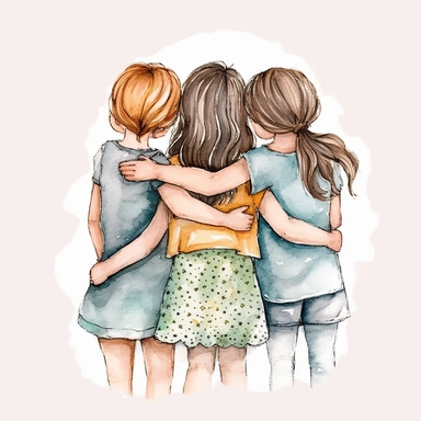 illustration, watercolor, 3 best friends hug clipart, black outline, white background