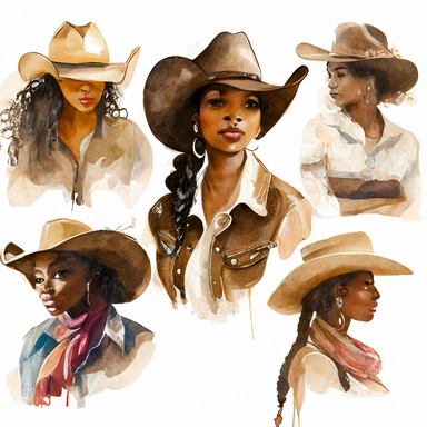 6 beautiful, black woman, cowgirl, clipart, watercolor, isolated on white background, spaced out--er--s 1000