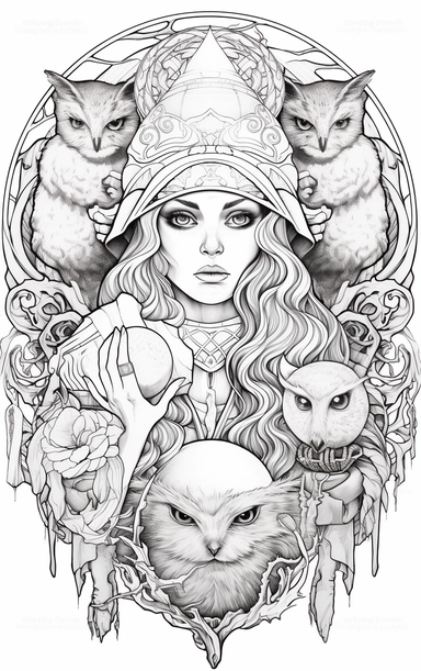 Coloring cartoon page for adult,witch clipart 6 witches, owl, in the style of reimagined by Dr. Seus, mystic mechanisms, illusory images, witchcore, lith printing ,clear and clean line art, white background