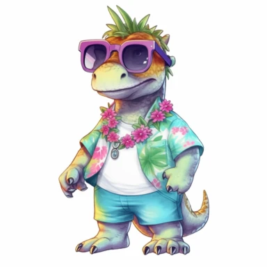 summer, cute Dinosaur wearing a Hawaiian shirt, cute pose, watercolor illustration for kids and children, clipart, sublimation, white background, brightly colored style, realistic color schemes, luminescent color scheme