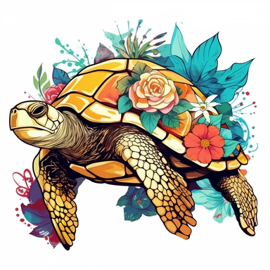 Vector Graphics turtle clipart Example: Midjourney image of a vector graphics turtle and flowers clipart with a white background