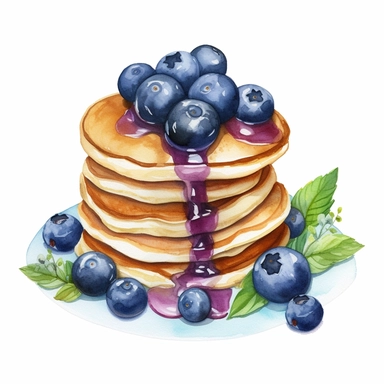a realistic watercolor of pancakes with blueberries, victorian style blueberry academia, blueberry purple nuances, vector free clipart illustration, in the style of unreal engine 5, 32k uhd, detailed features, white background
