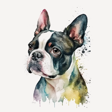 a watercolor painting of a Boston Terrier, clipart, white background