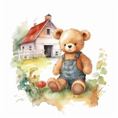 cute watercolor teddy bear at the farm, clipart, white background