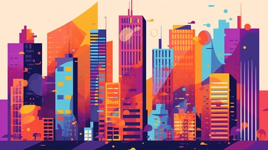 clipart of a scene of office buildings in a city skyline, Alegria style, corporate memphis style, flat art, bold colors, upbeat, happy, expressive, friendly, high resolution, 8k