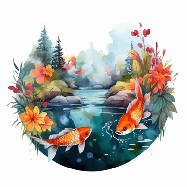 clipart, isolated on white background, Watercolor Spring pond with swimming colorful fish, flowers, ornated, vivid and vibrant and saturated colors