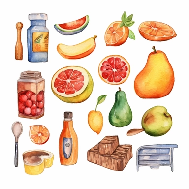 watercolor diabetes related scenes and items , illustrations clipart set, simple, , cartoon elements ,different variants , natural elements, separate elements with a margin, ,4k, high resolution, ,