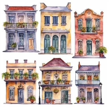 watercolor New Orleans French quarter style buildings, illustrations clipart set, simple, , cartoon elements ,different variants , separate elements with a margin