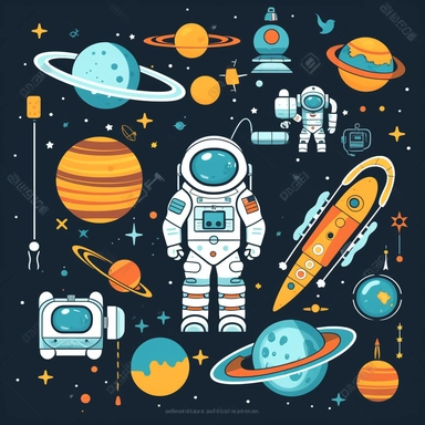 Design a clipart set that depicts space objects such as planets, stars, comets, and astronaut suits. Add additional space equipment into different images, such as hi-tech telescopes or the International Space Station (ISS).