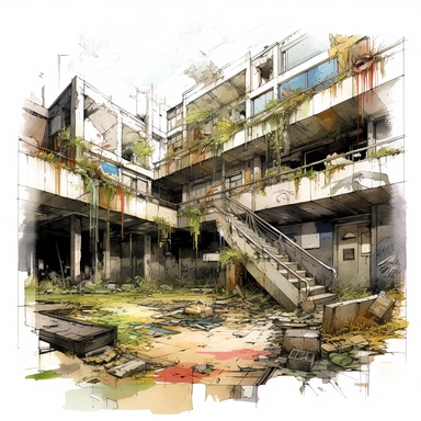 watercolor clipart abandoned place overgrown shopping mall