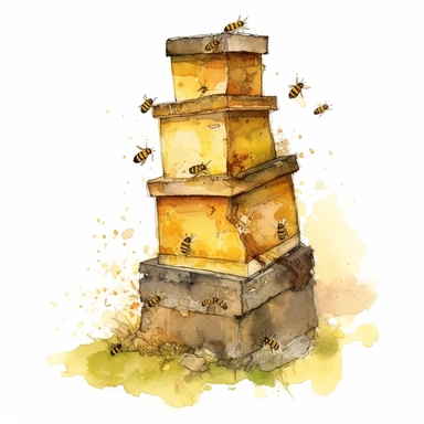 watercolor, An artistic representation of a Warré hive, known for its vertical stacking system, with bees gracefully entering or exiting the hive's multiple boxes. (Digital drawing clipart, image black border color, full body, flat texture, transparent background)