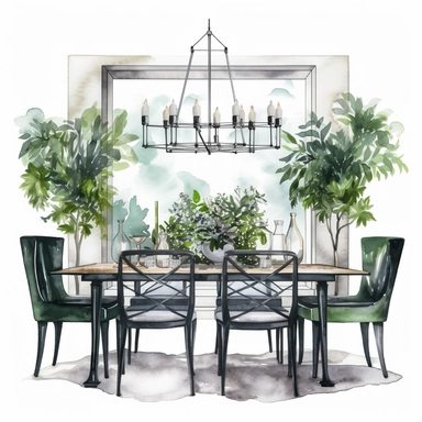 watercolor, hyper realistic, white background, white margins, 16k, ultra detailed clipart, cut out image, hand-drawn, whimsical a cozy dining room with a rectangular glass table and modern chairs, decorated with a sleek black vase and green foliage