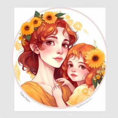 cute mom loving her little one art wallpaper, face closeup, in the style of dark amber and light amber, made of flowers, feminine sticker art, tokina opera 50mm f/1.4 ff, colorful drawings, massurrealism clipart, white background, png