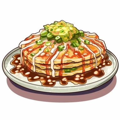 Visualize a vibrant, detailed clipart of a mouth-watering okonomiyaki. The savory pancake is filled with a variety of ingredients like cabbage, pork belly, and green onions. It's topped with a beautiful pattern of mayonnaise and okonomiyaki sauce, and finished off with a generous sprinkle of bonito flakes that appear to dance on the pancake. All set against a clean, white background that accentuates the colors and texture.