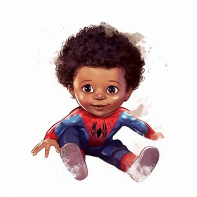 A biracial little newborn baby boy superhero as marvels spiderman, sitting down, tiny cute little baby, curly afro hair, , red and blue colors, watercolor art, clipart