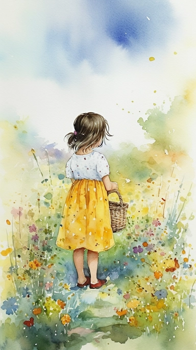 A clipart little girl watercolor painting, with a little girl in a yellow dress playing in a field of colorful wildflowers, holding a basket of fresh flowers, a butterfly landing on her nose, surrounded by trees and distant hills, capturing the whimsical innocence of childhood, watercolor painting on paper,