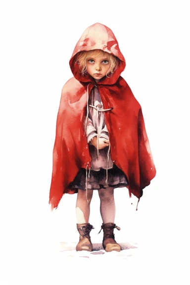 detailed watercolor illustration of little red riding hood, clipart, plain isolated white background, 8k ultra detail high sharpness